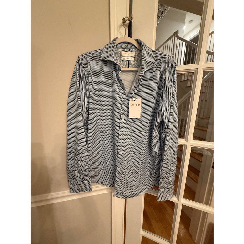Cactus Man Ricky Singh Blue Geometric Non Iron Stretch Dress Shirt Mens Medium